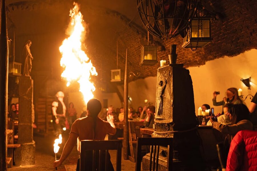 From Prague: Medieval Dinner, Show, Castle and Brewery - Music, dancers, and the fire show